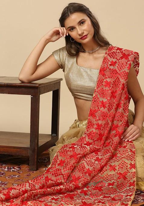 Geometric Embroidered Phulkari Organza Dupatta