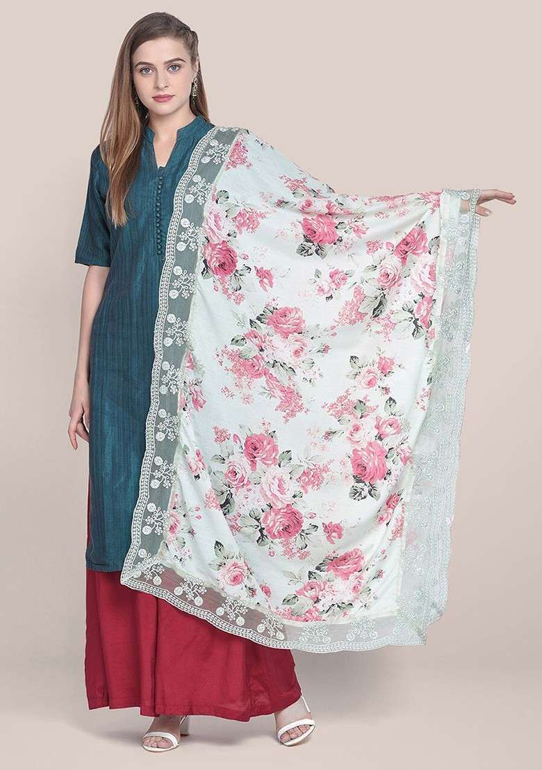Printed Dupatta With Thread Work - Indya