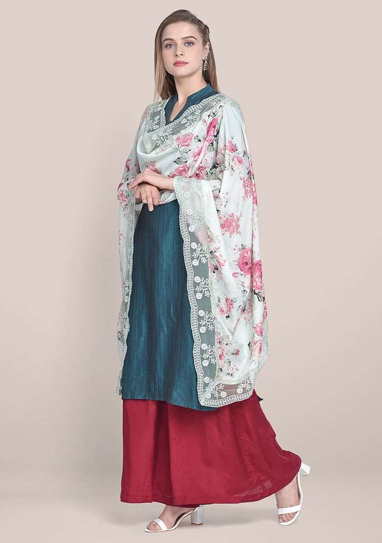 Printed Dupatta With Thread Work - Indya