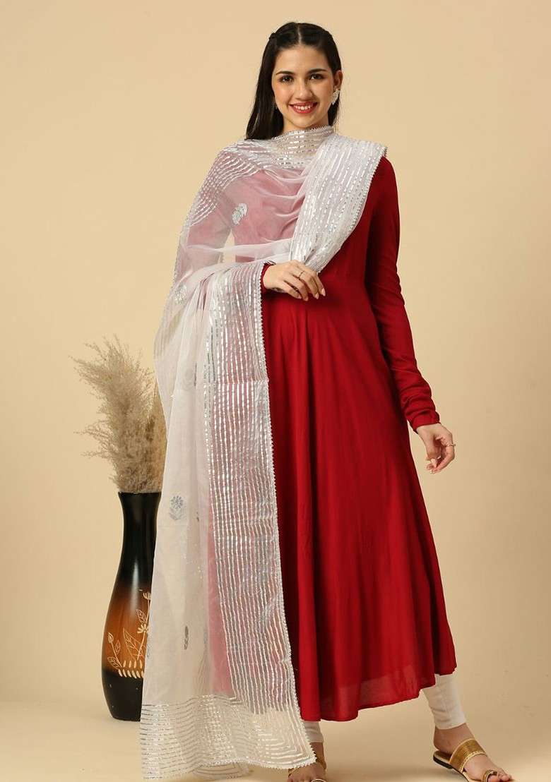 Floral Embroidered Organza Gotta Patti Dupatta - Indya