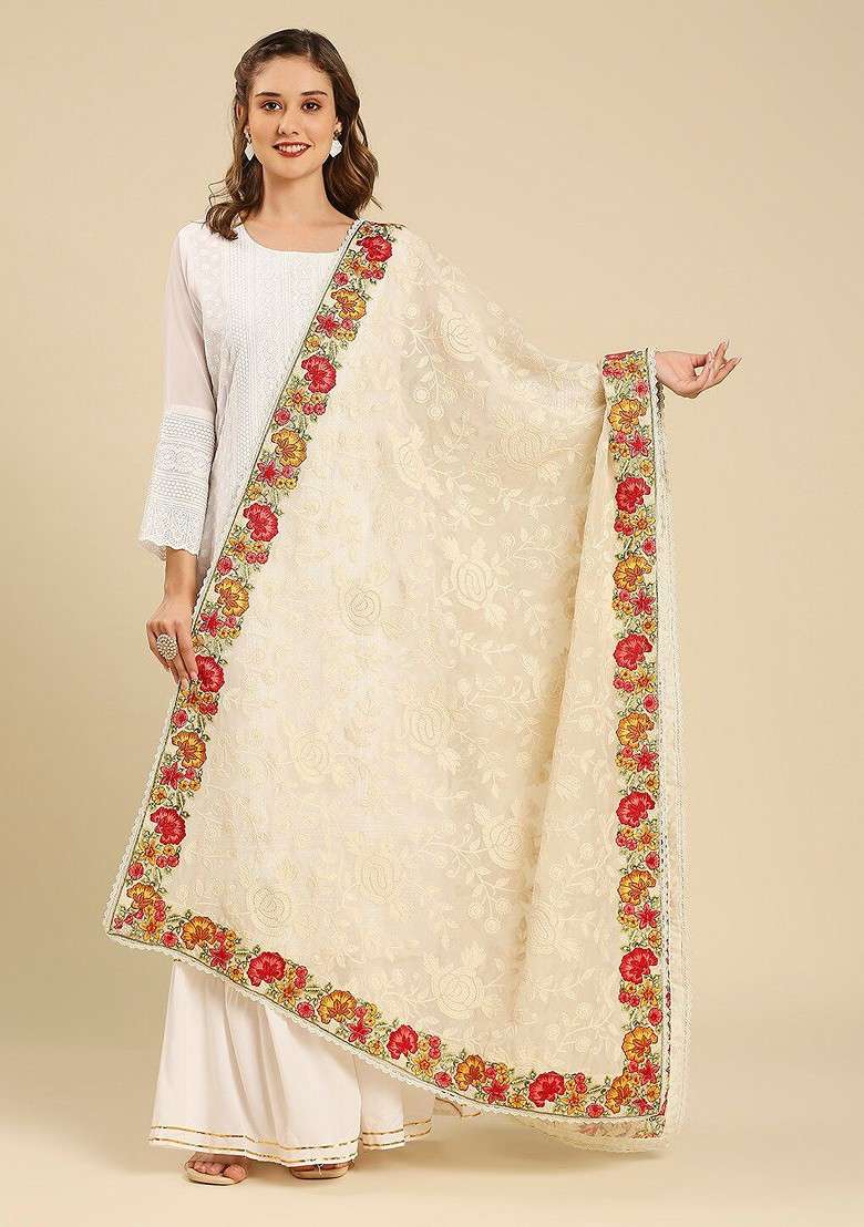 Floral Embroidered Georgette Dupatta - Indya