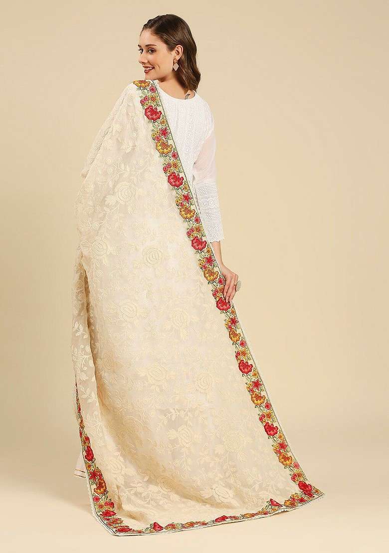 Floral Embroidered Georgette Dupatta - Indya