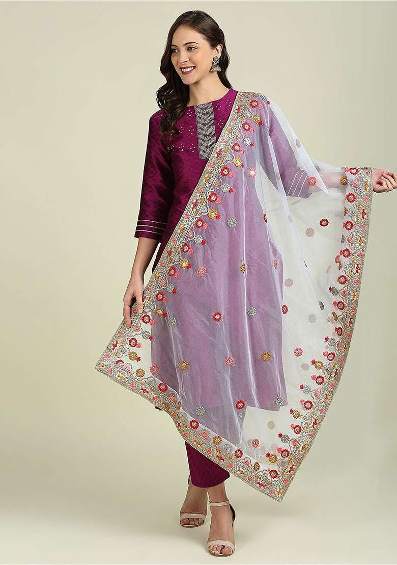 Embroidered Organza Dupatta With Zardozi - Indya