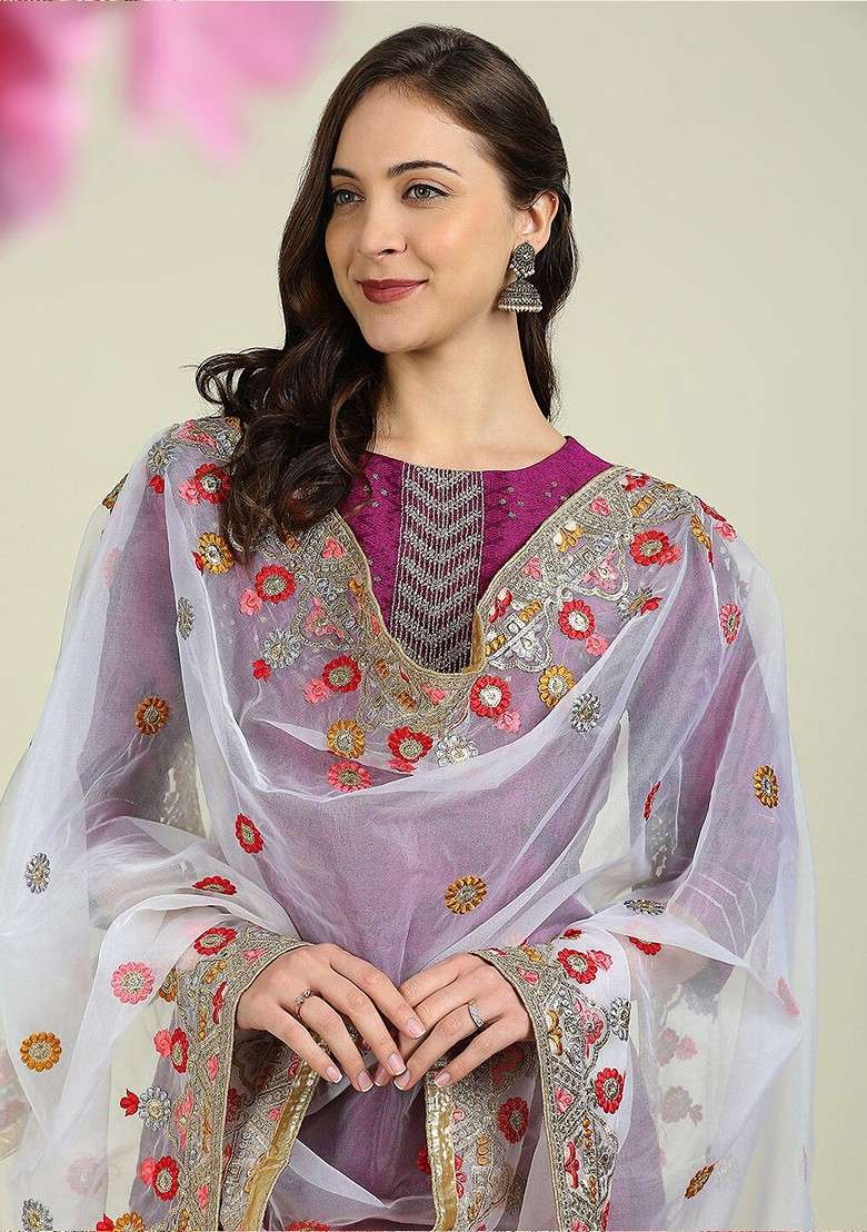 Embroidered Organza Dupatta With Zardozi - Indya