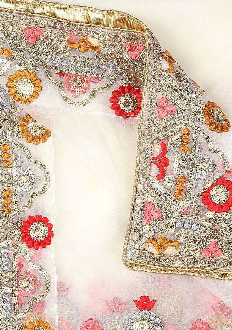 Embroidered Organza Dupatta With Zardozi - Indya