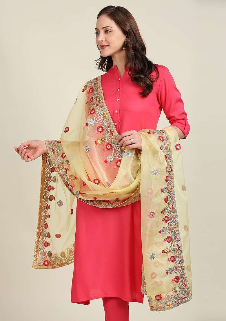 Embroidered Organza Dupatta With Zardozi - Indya
