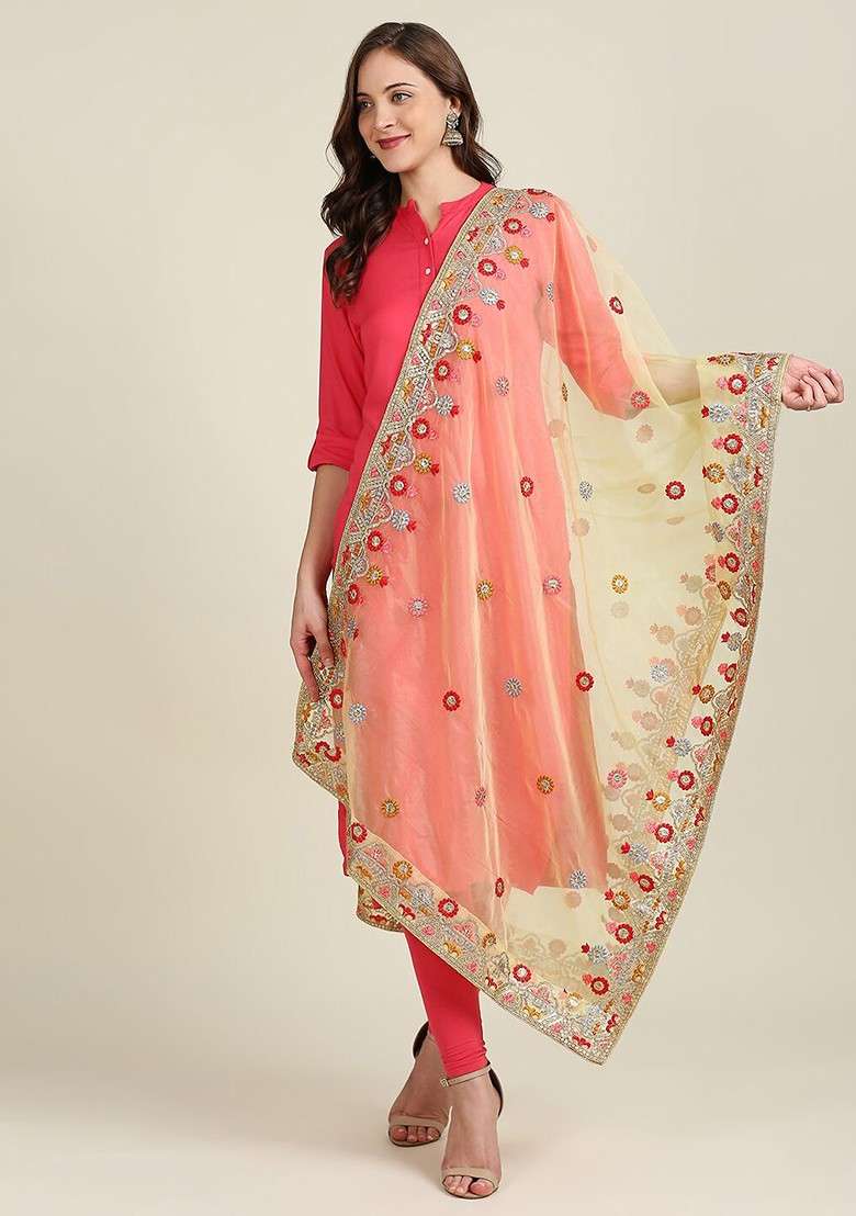 Embroidered Organza Dupatta With Zardozi - Indya