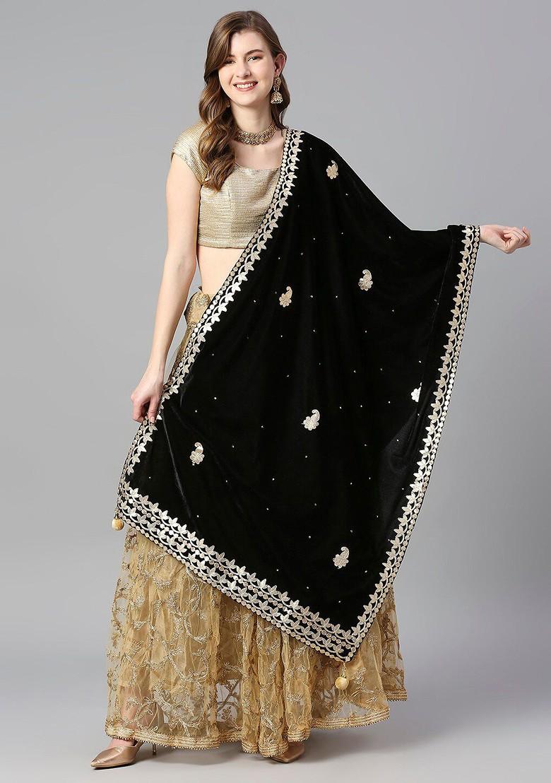 Embroidered Velvet Dupatta With Gotta Patti