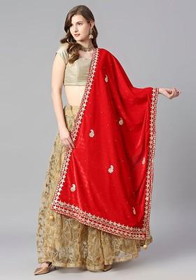 Embroidered Velvet Dupatta With Gotta Patti