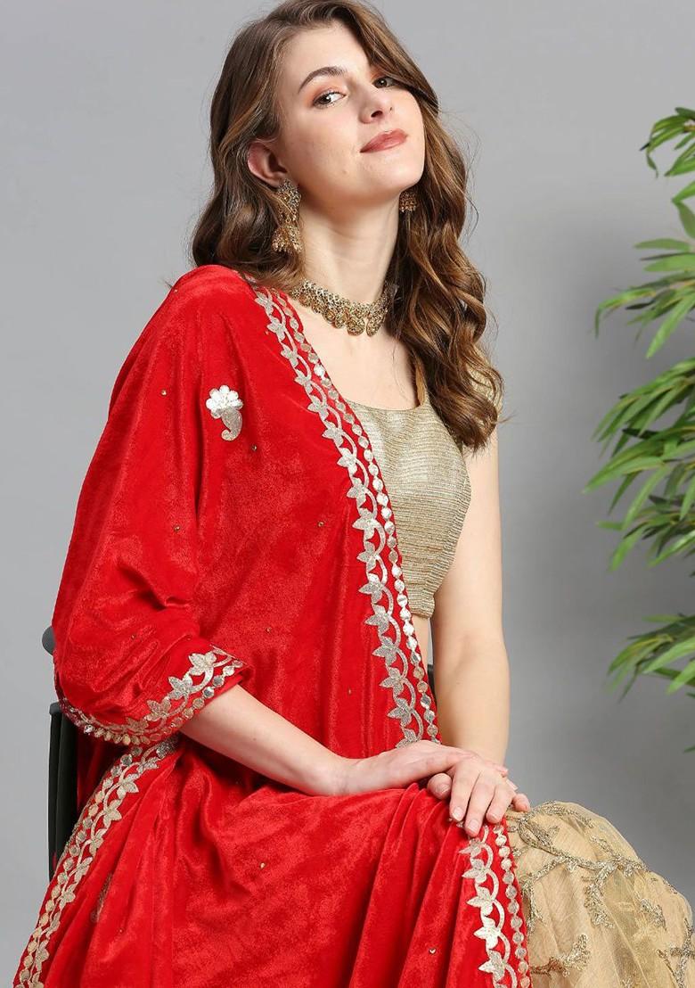 Embroidered Velvet Dupatta With Gotta Patti