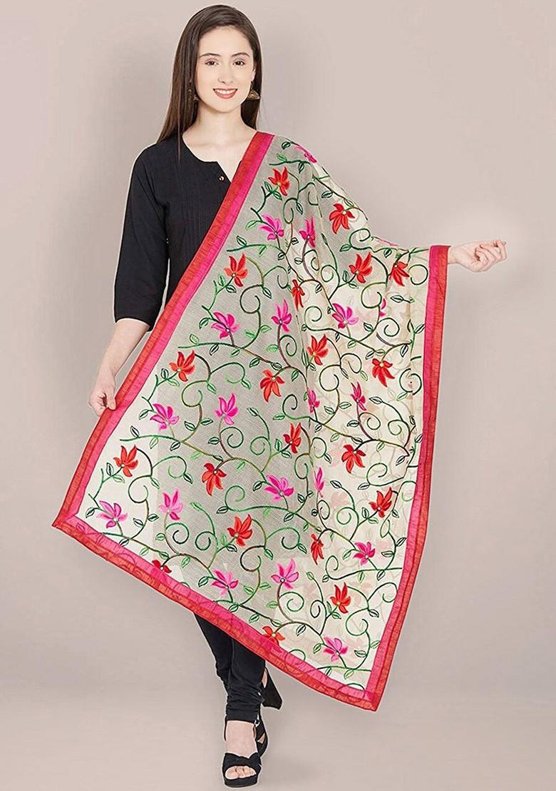 Embroidered Cotton Silk Dupatta With Thread Work