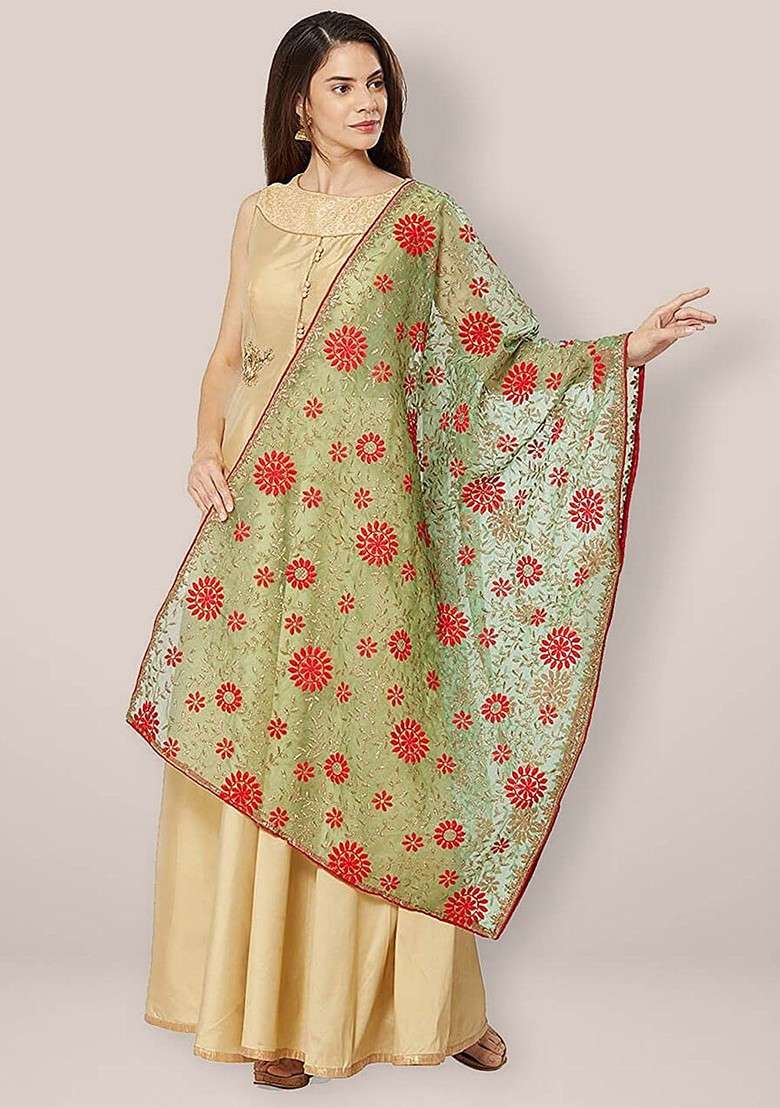 Embroidered Organza Dupatta With Thread Work - Indya