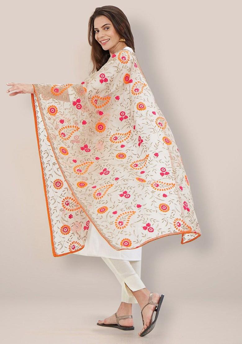 Paisley Embroidered Organza Dupatta With Thread Work