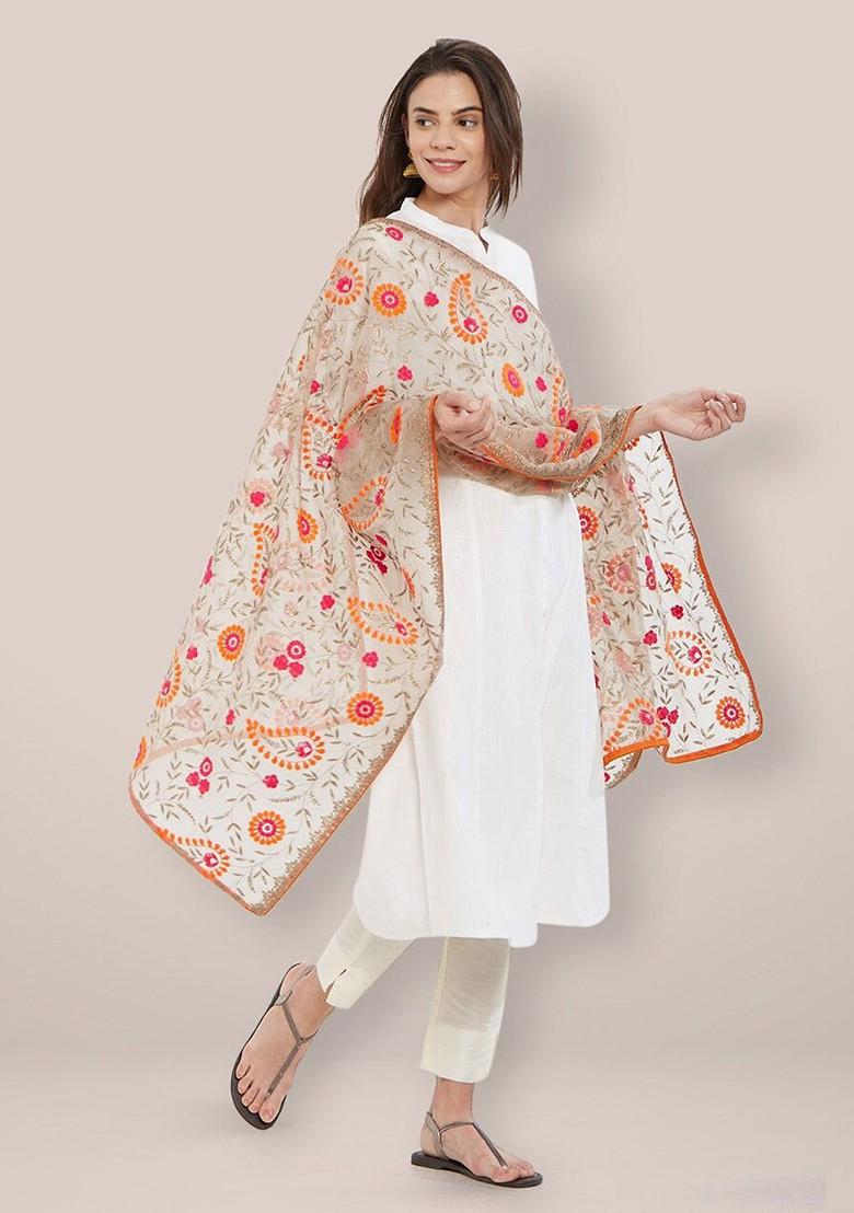 Paisley Embroidered Organza Dupatta With Thread Work