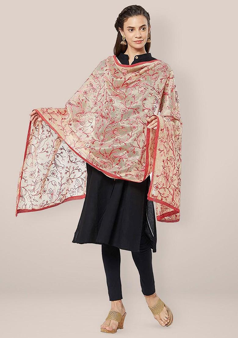 Embroidered Cotton Silk Dupatta With Thread Work
