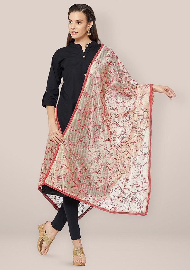Embroidered Cotton Silk Dupatta With Thread Work