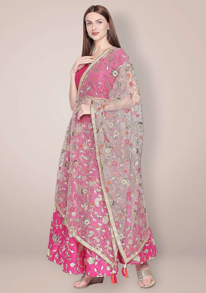 Embroidered Dupatta With Zari - Indya
