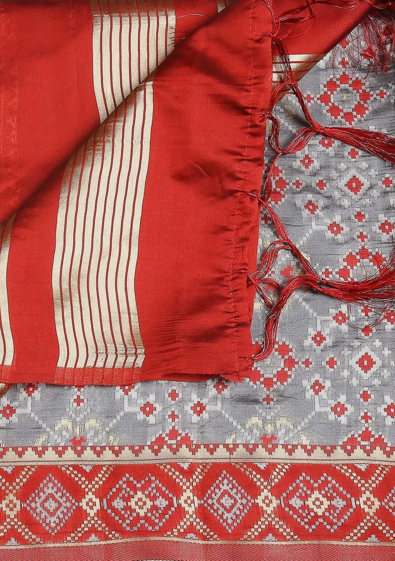 Grey And Red Ethnic Motifs Printed Dupatta