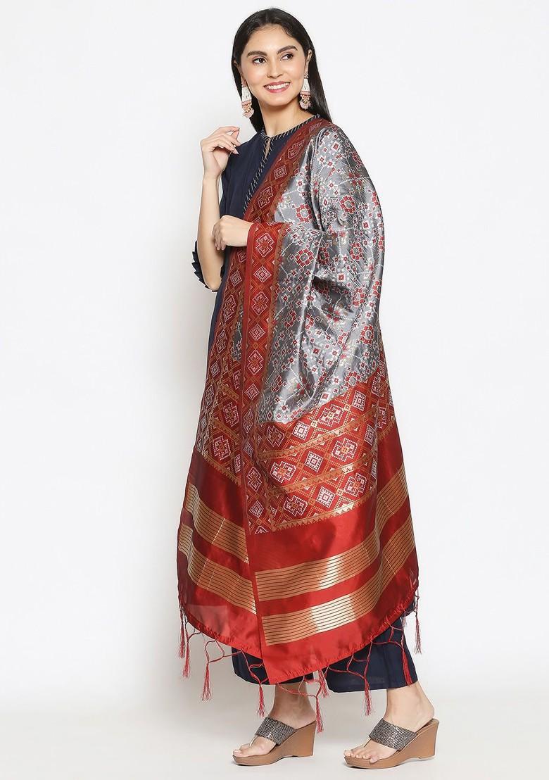Grey And Red Ethnic Motifs Printed Dupatta