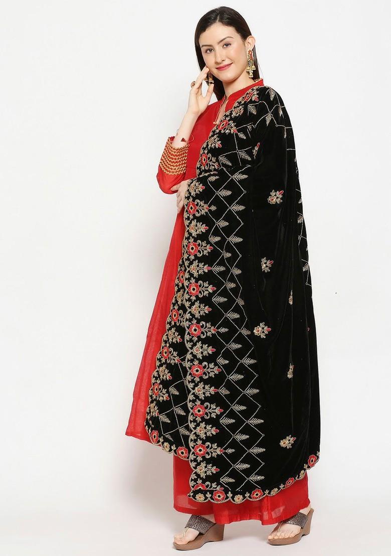 Black And Red Embroidered Velvet Dupatta With Thread Work