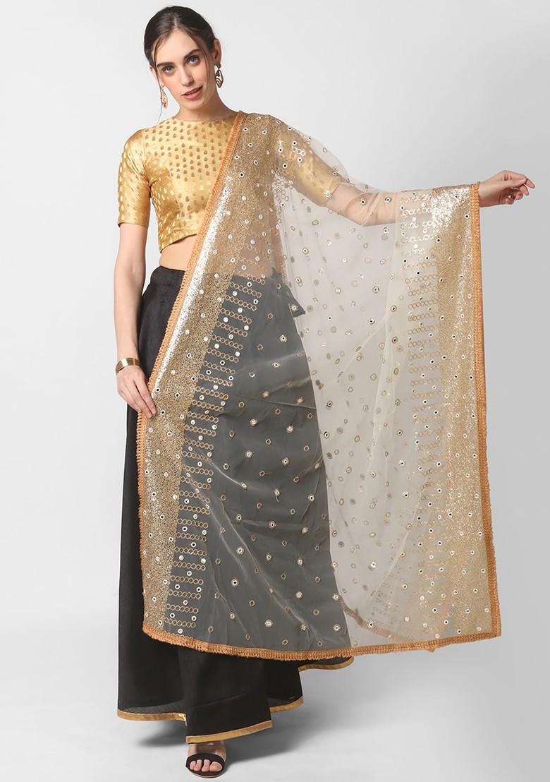 White And Peach Coloured Embroidered Dupatta With Sequinned