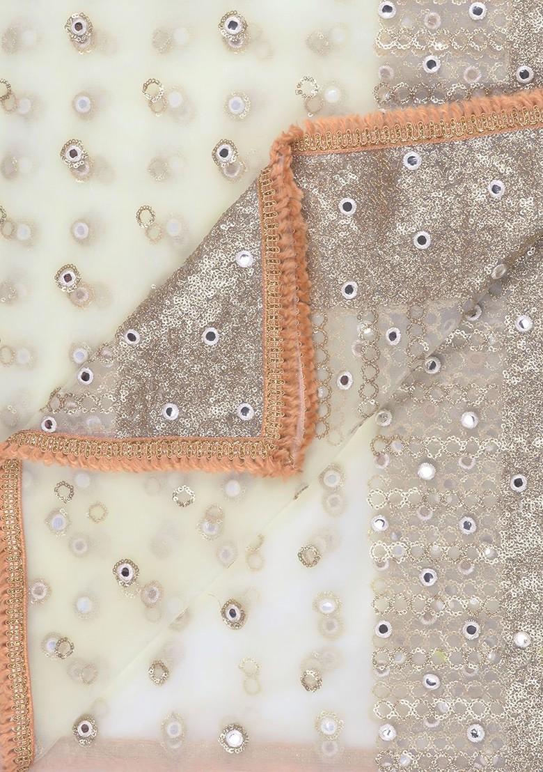 White And Peach Coloured Embroidered Dupatta With Sequinned