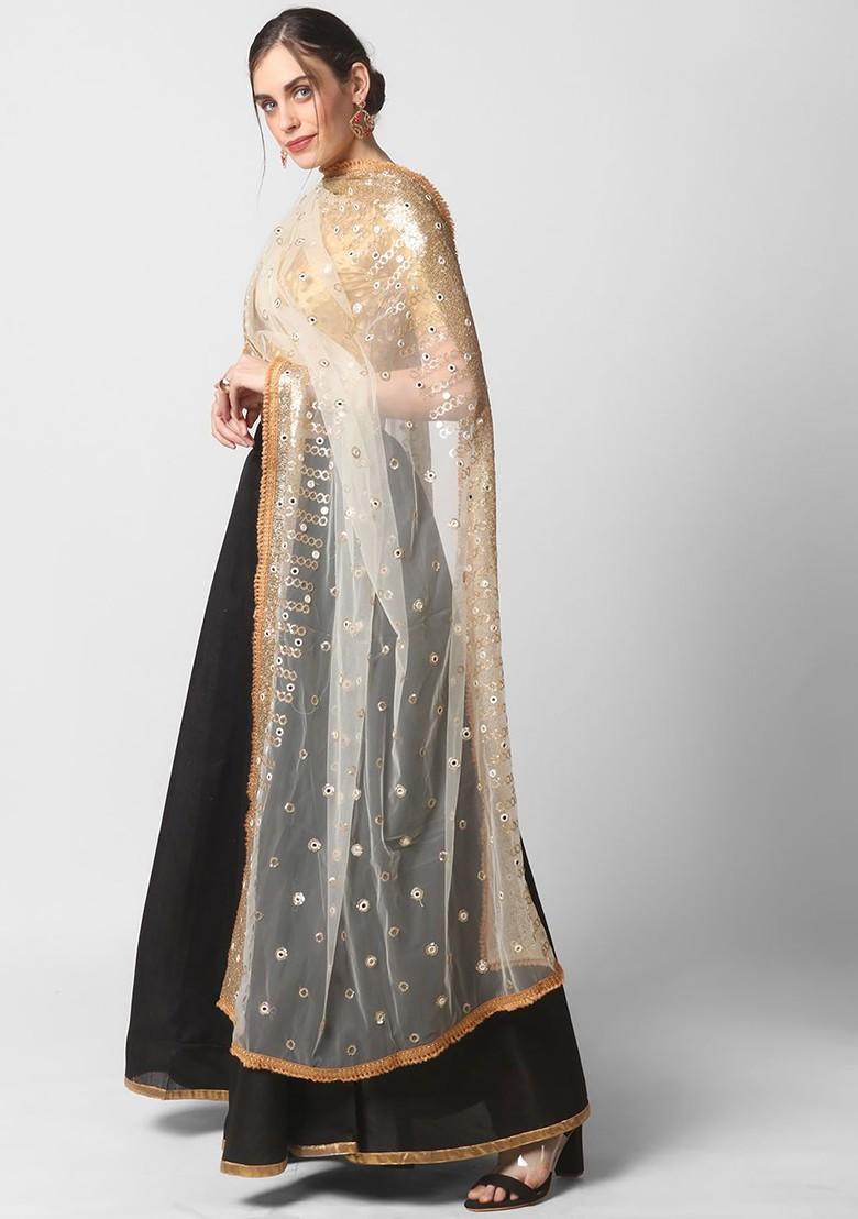 White And Peach Coloured Embroidered Dupatta With Sequinned