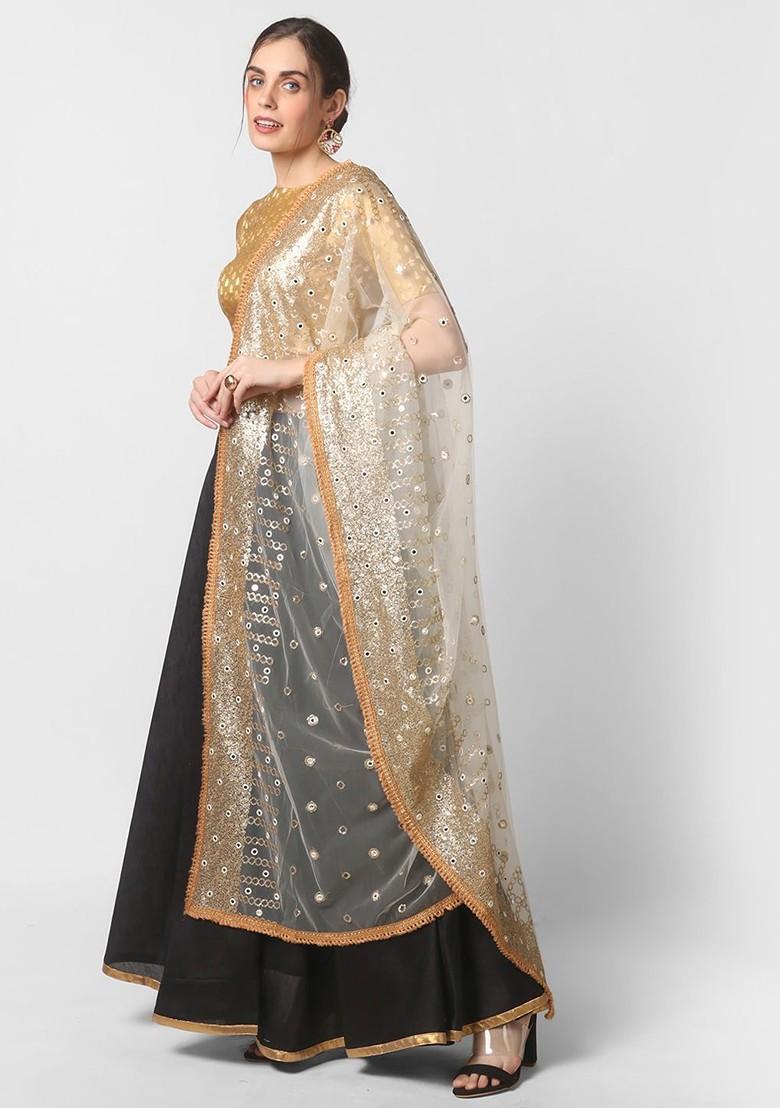 White And Peach Coloured Embroidered Dupatta With Sequinned
