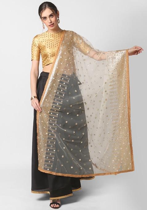 White And Peach Coloured Embroidered Dupatta With Sequinned