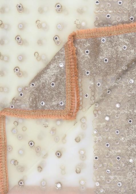 White And Peach Coloured Embroidered Dupatta With Sequinned