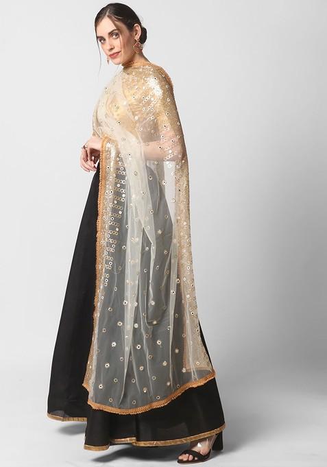 White And Peach Coloured Embroidered Dupatta With Sequinned