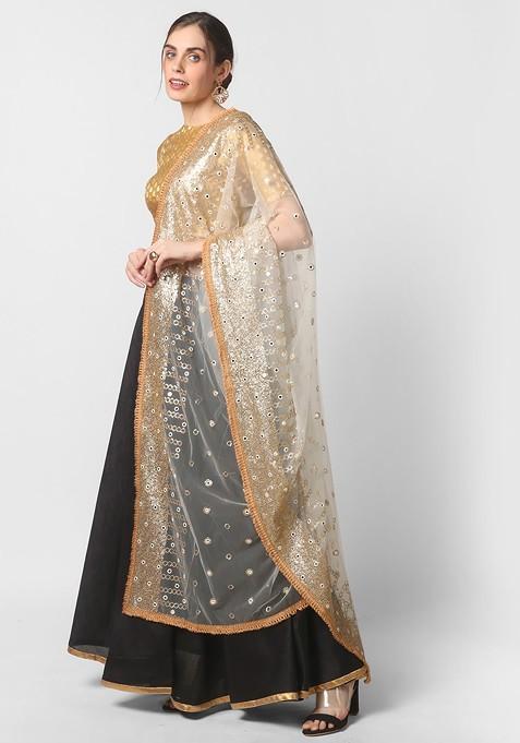 White And Peach Coloured Embroidered Dupatta With Sequinned