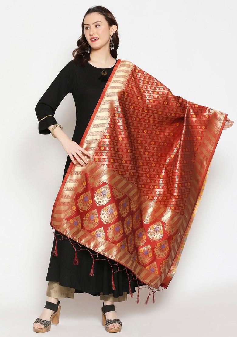 Red And Gold Toned Woven Design Dupatta