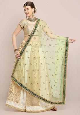 Green And Gold Toned Embroidered Dupatta With Thread Work