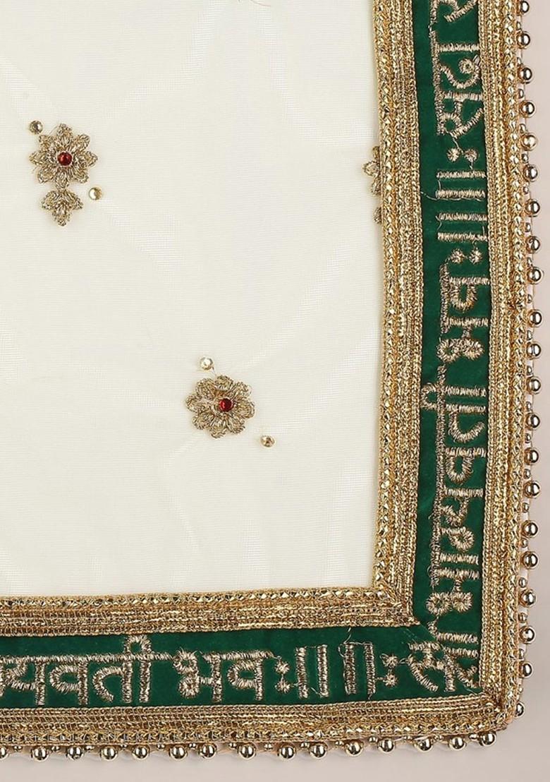 Green And Gold Toned Embroidered Dupatta With Thread Work