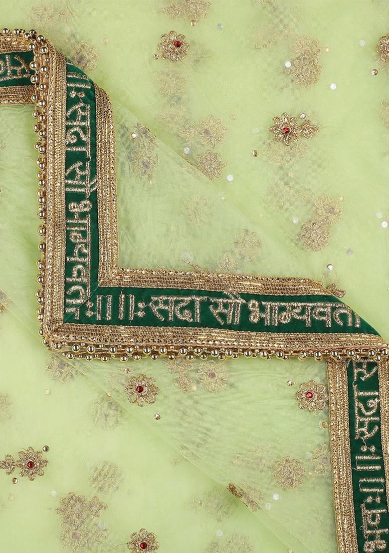 Green And Gold Toned Embroidered Dupatta With Thread Work