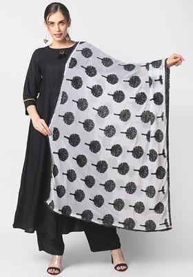 White And Black Ethnic Motifs Embroidered Dupatta With Thread Work