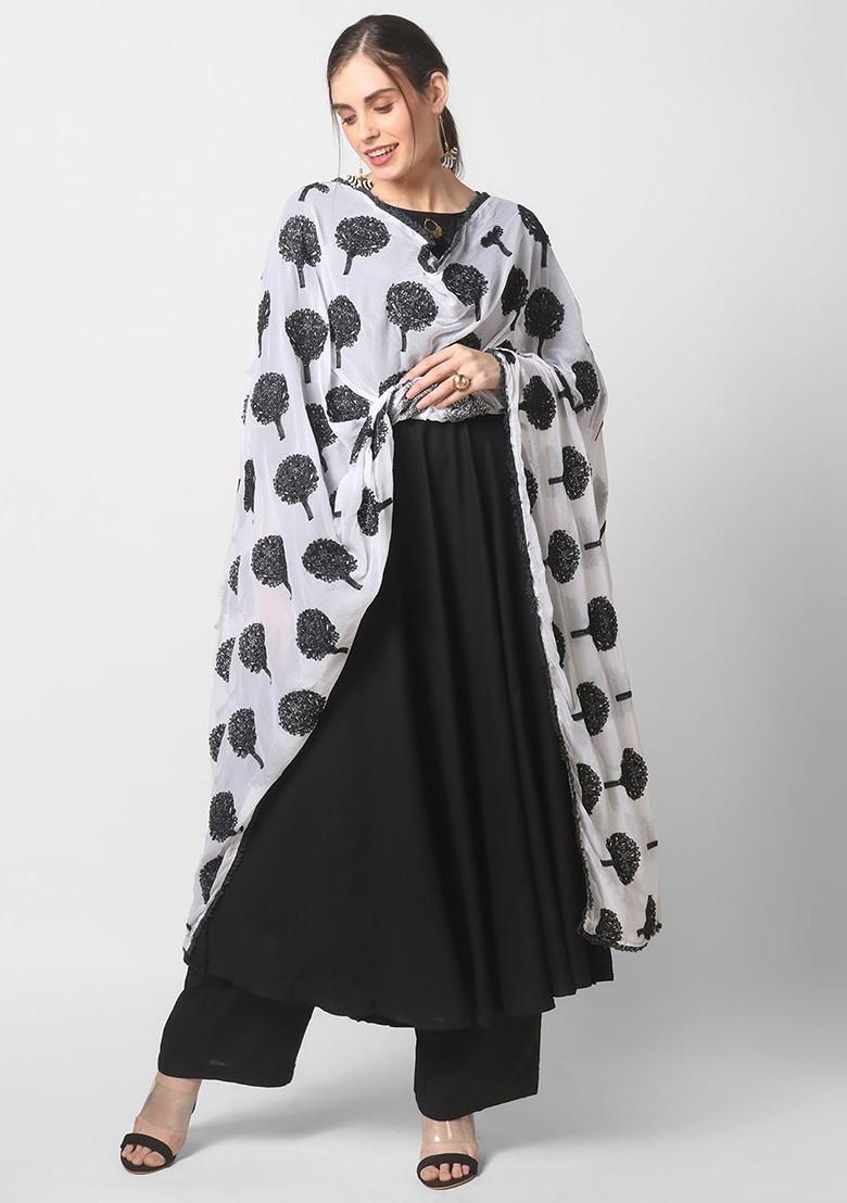 White And Black Ethnic Motifs Embroidered Dupatta With Thread Work