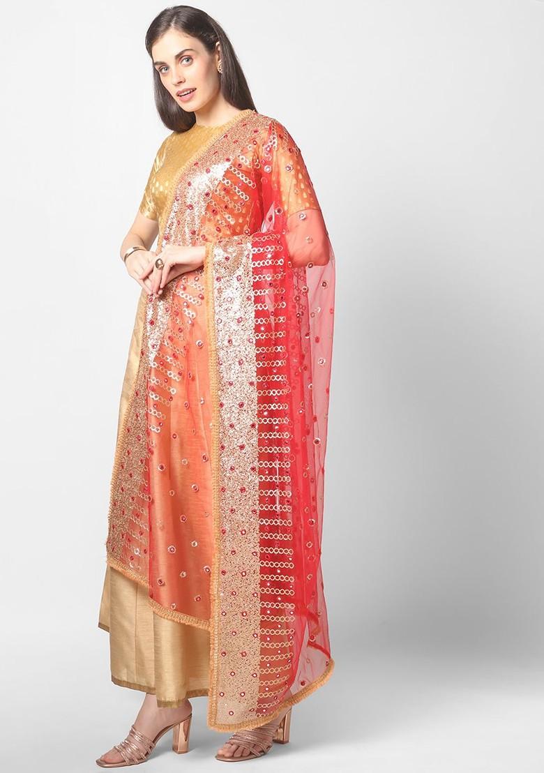 Red And Silver Toned Embroidered Dupatta With Sequinned