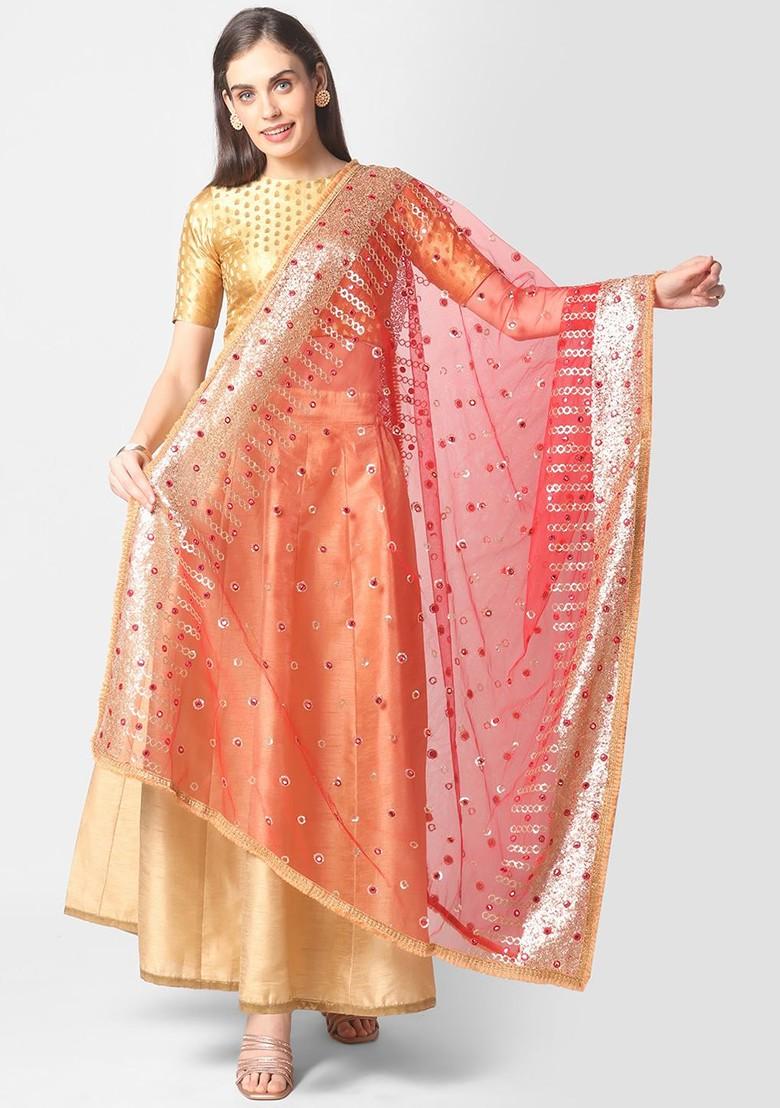 Red And Silver Toned Embroidered Dupatta With Sequinned