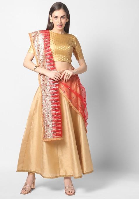 Red And Silver Toned Embroidered Dupatta With Sequinned