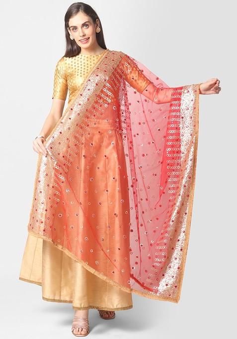 Red And Silver Toned Embroidered Dupatta With Sequinned