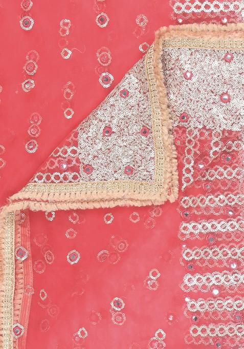 Red And Silver Toned Embroidered Dupatta With Sequinned