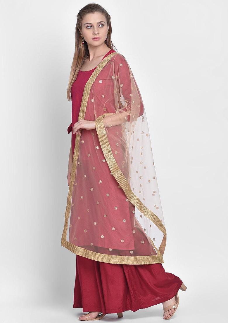 Ethnic Motifs Embroidered Net Dupatta With Gotta Patti