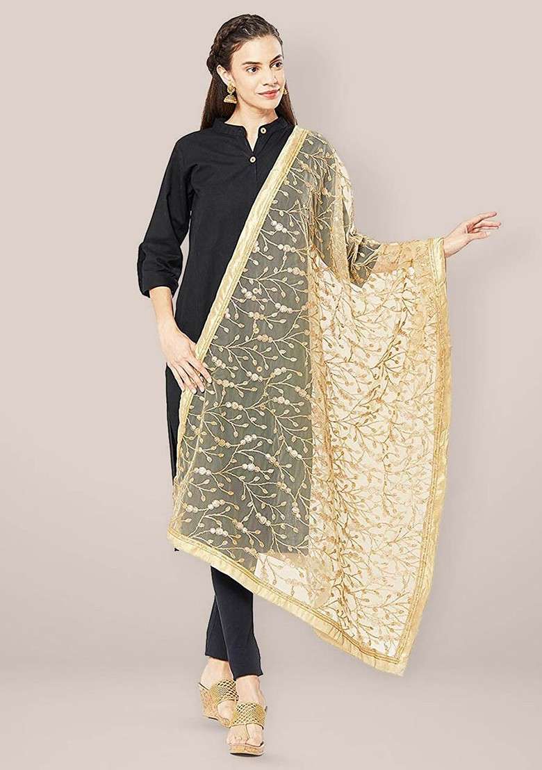 Embroidered Dupatta With Zardozi - Indya