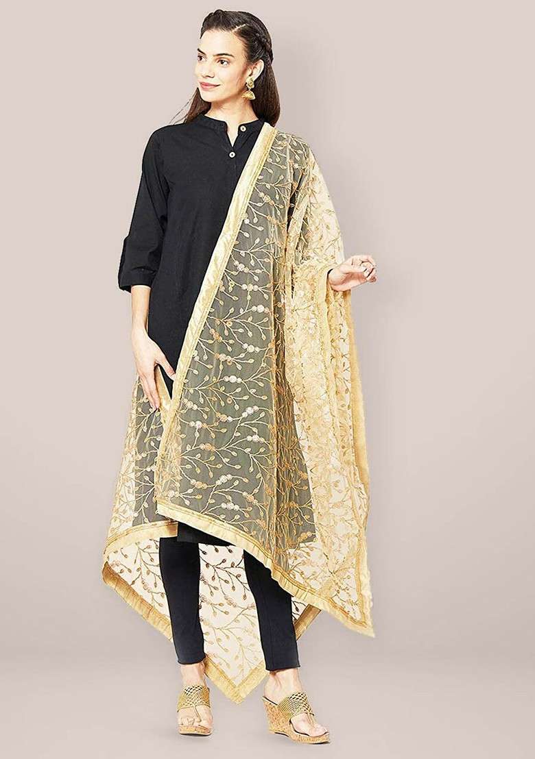 Embroidered Dupatta With Zardozi - Indya