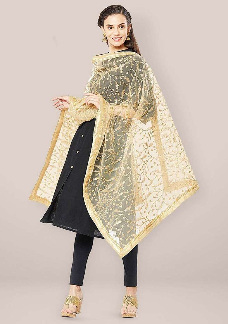 Embroidered Dupatta With Zardozi - Indya