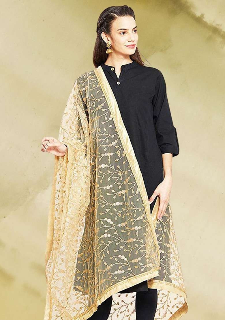 Embroidered Dupatta With Zardozi - Indya