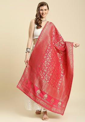 Women Pink And Gold Woven Design Jaal Silk Dupatta