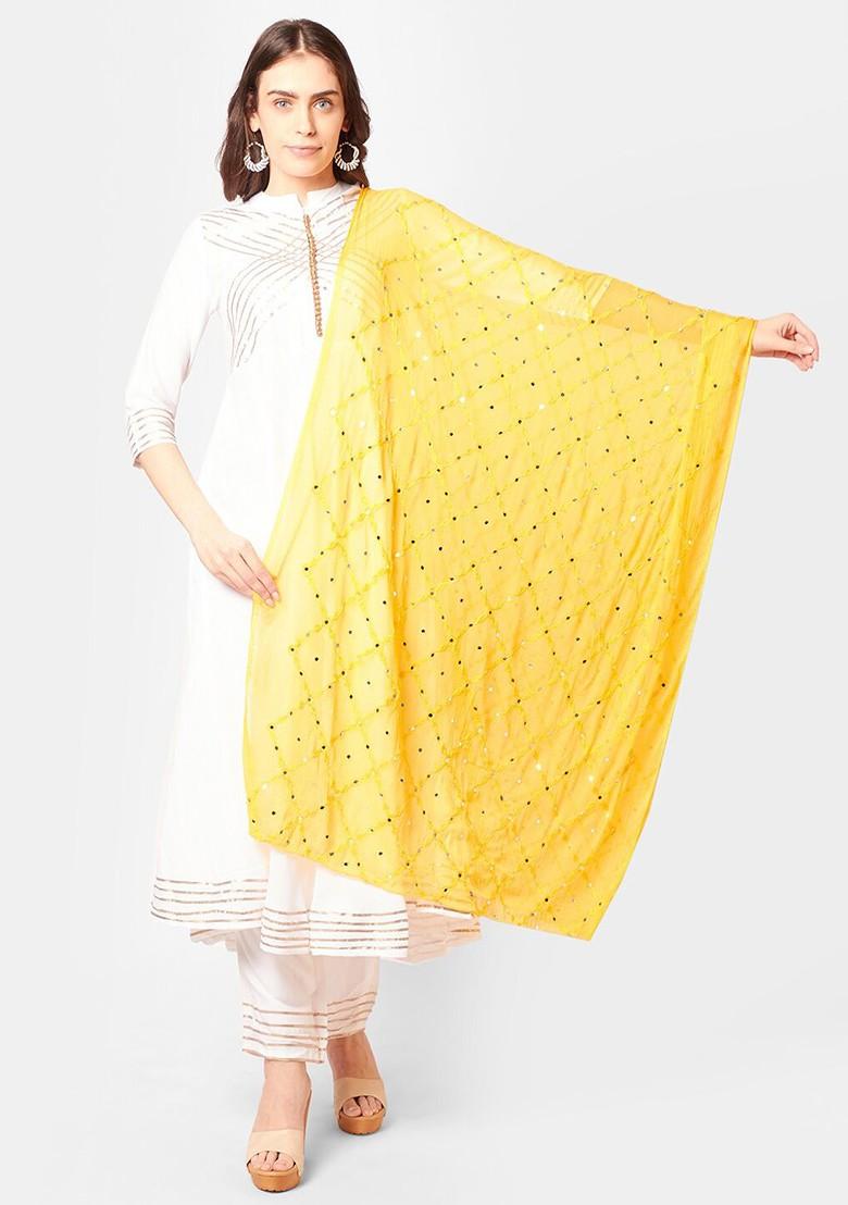 Yellow And White Ethnic Motifs Embroidered Dupatta With Mirror Work